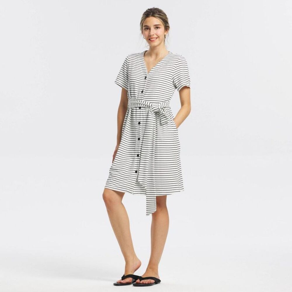 Women's Short Sleeve Belted Button-Down Shirtdress - Black Striped XL